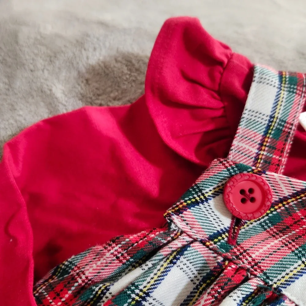 NEW Laura Ashley Chrismas Baby Girls Red Plaid Jumper and Ruffle Top Set 12M